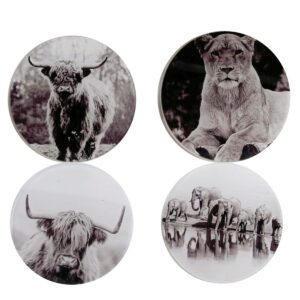Set/4 glazen onderzetters Ø10cm Dieren zwart-wit